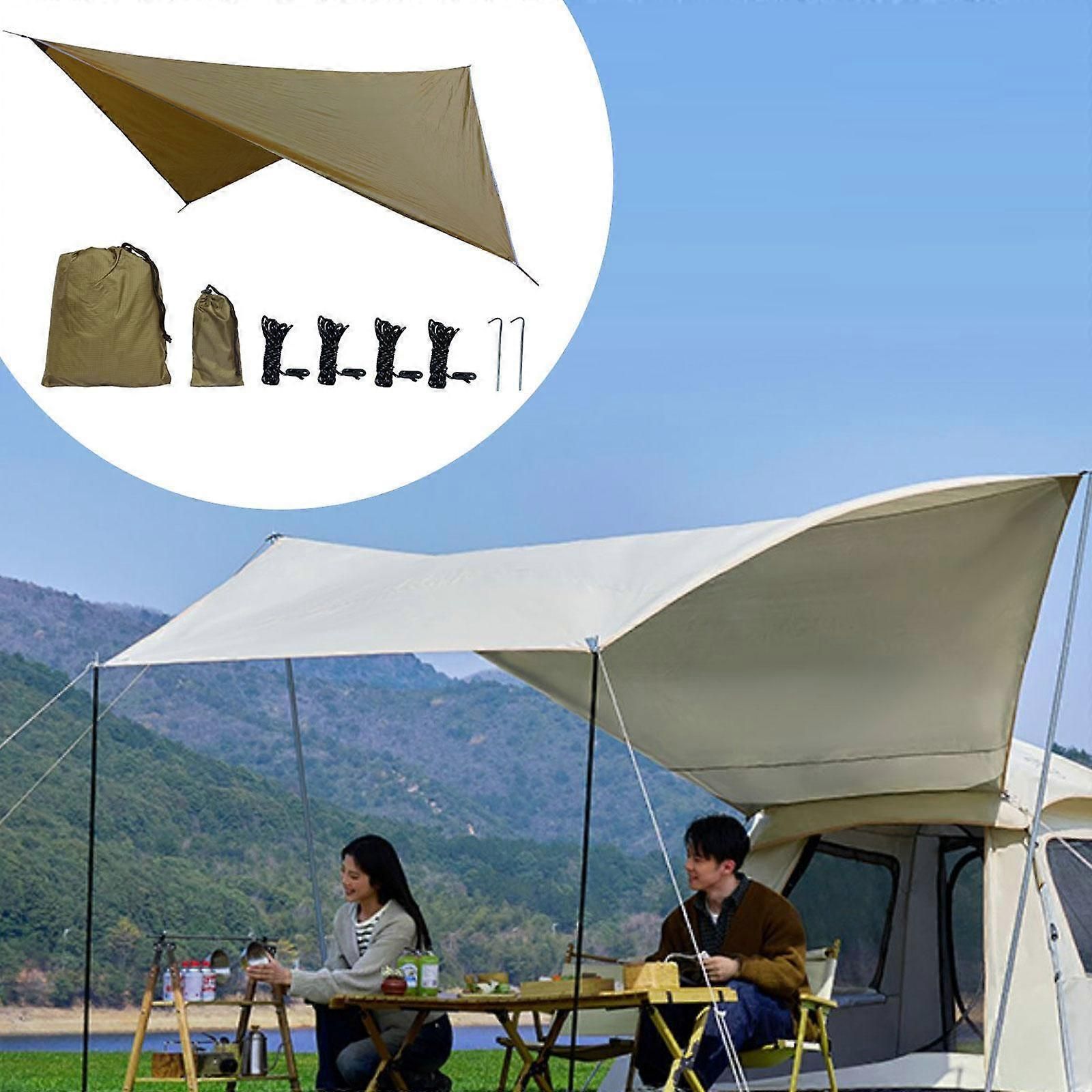 Camping Tarp Tent Tarp Awning Accessories Lightweight Hammock Canopy Rain Awning - Camel - Image 2