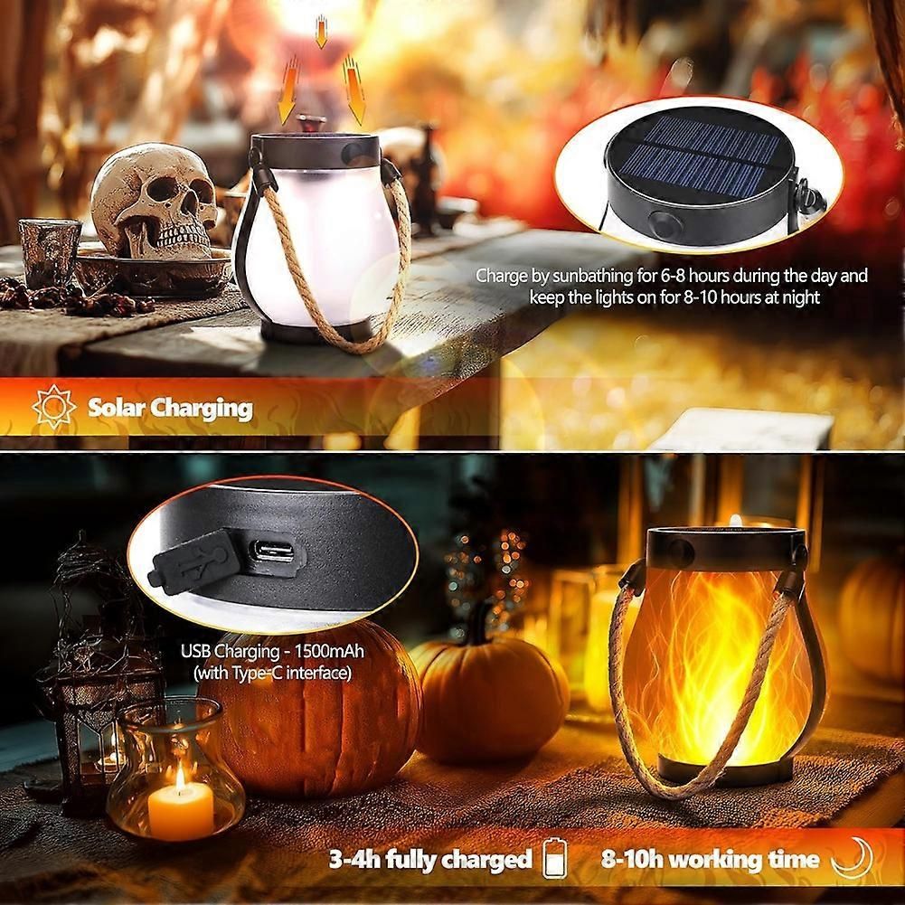 Outdoor Lanterns Flickering Flame Garden Lights with Dual Charging USB & Solar Outdoor Waterproof Hanging Lantern - Image 3
