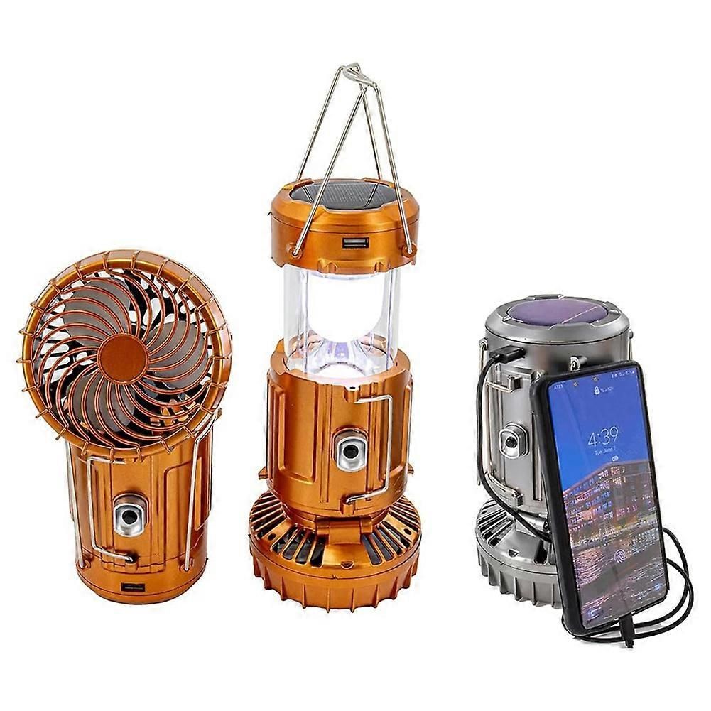 2-in-1 Solar Camping Lantern with LED Light and Adjustable Fan, USB Charging Station Gold - Image 3