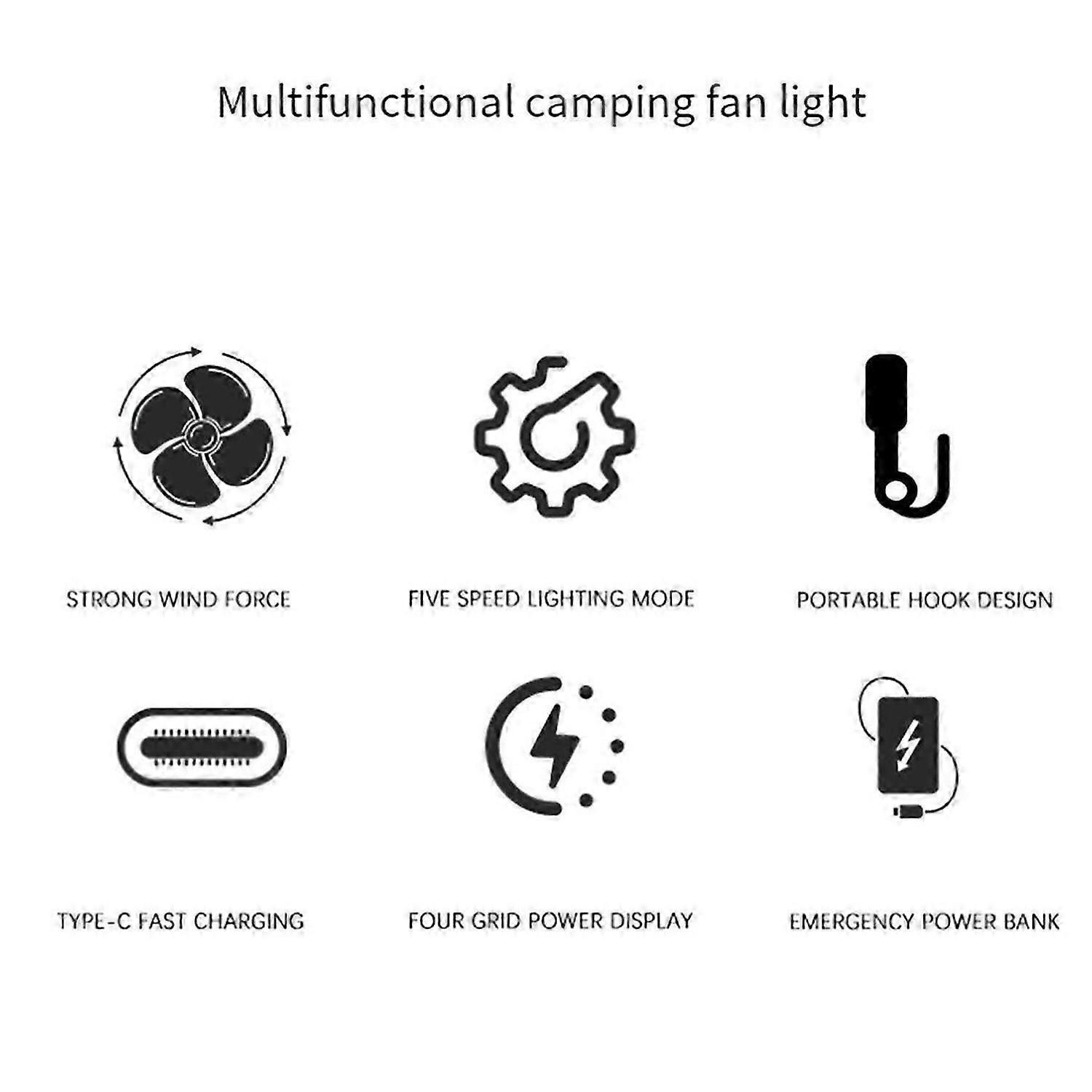 Portable Camping Fan with Light USB Charging Hanging Tent Light Black - Image 3