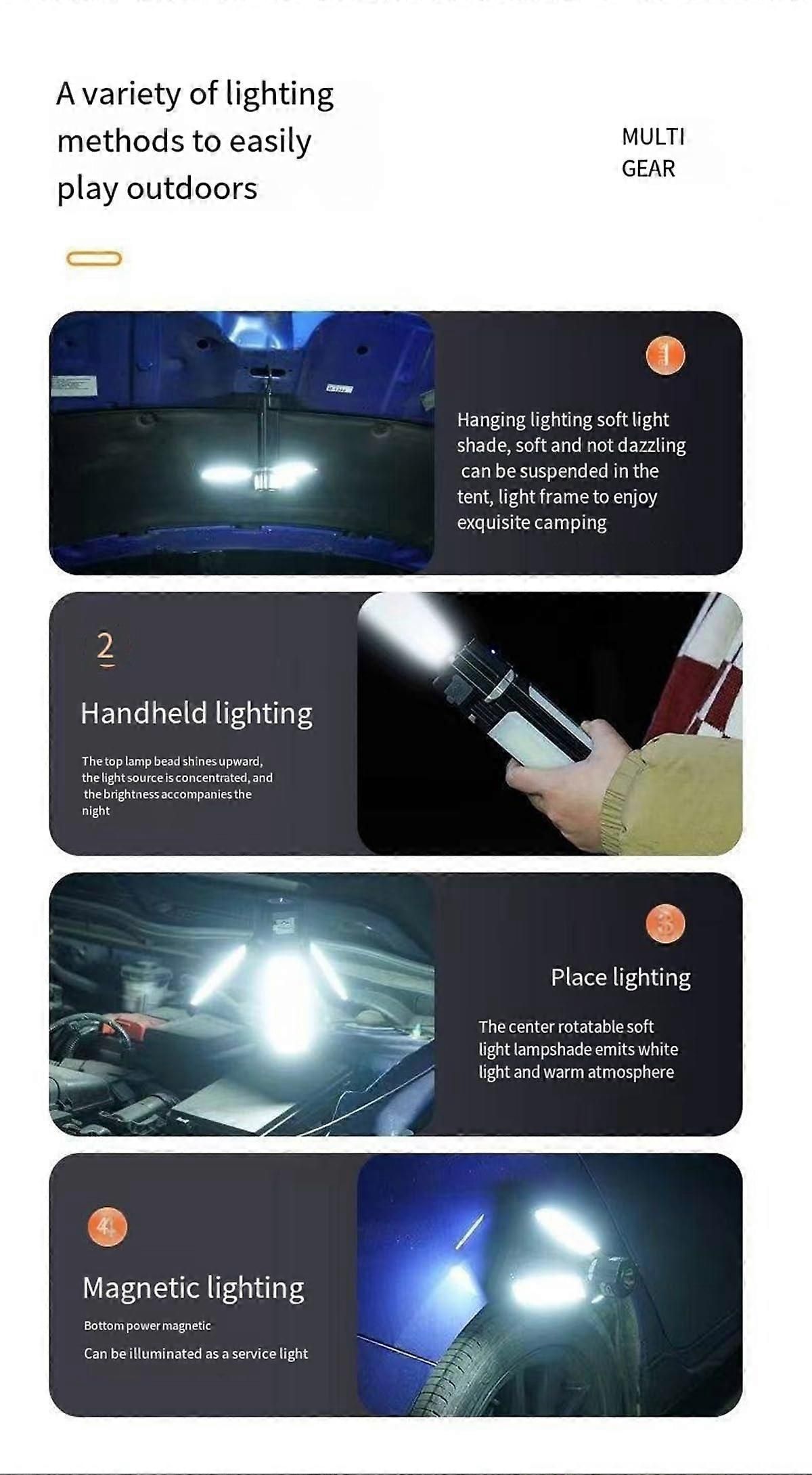 Rechargeable Camping Lantern 1500mAH Waterproof Foldable LED Lamp with 3 Modes for Tent Hanging Black - Image 4