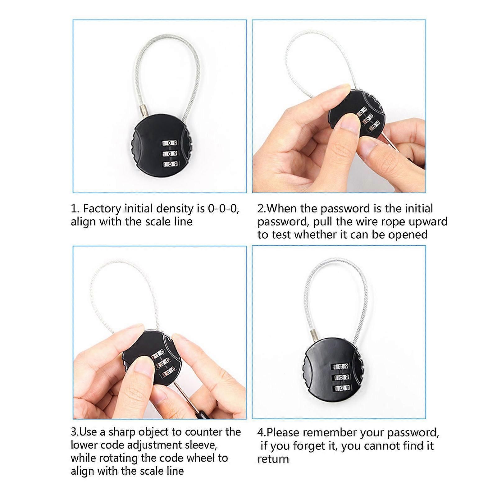 Resettable Travel Cable Lock 3Digit Helmet Lock Multipurpose Electric Bicycle Lock Suitcase Luggage Lock Code Lock Cable -Black - Image 3