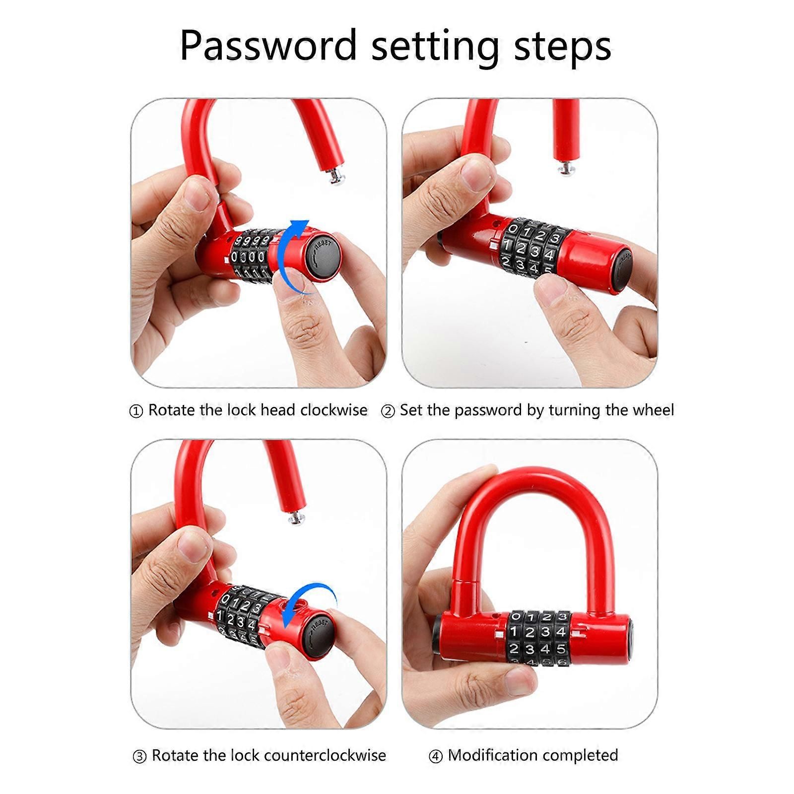Durability Bike Lock Rusts Resistant Bicycles Lock Multifunction 4 Digits Lock for Bicycles Electric Bike - Red - Image 4