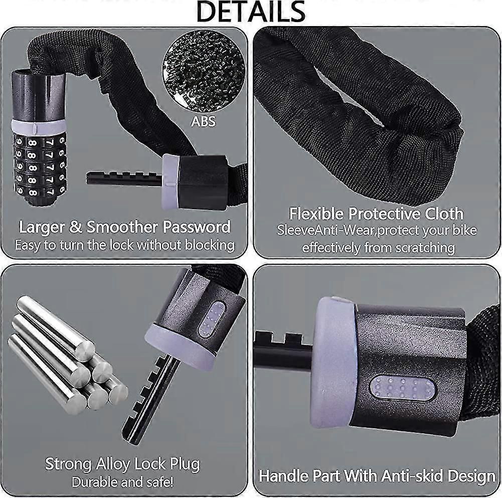 Bike Chain Lock, 5 Digit Combination High Security Bicycle Lock Resettable Heavy Duty Cycling Chain Locks for Bicycle - 0.9m - Image 2