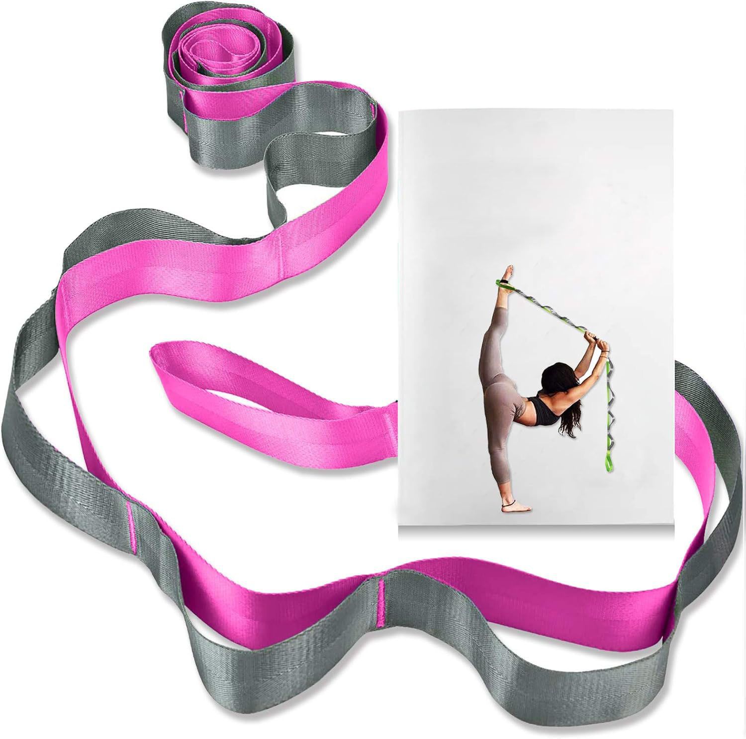 12 Loop Yoga Stretch Strap, Non-Elastic Stretching Strap for Yoga, Pilates, Physical Therapy & Flexibility Training - Rose Red - Image 1