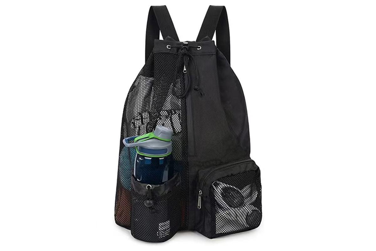 Mesh Beach Backpack with Wet Pocket Drawstring Waterproof Swimming Gym Bag for Men Women - Black - Image 1