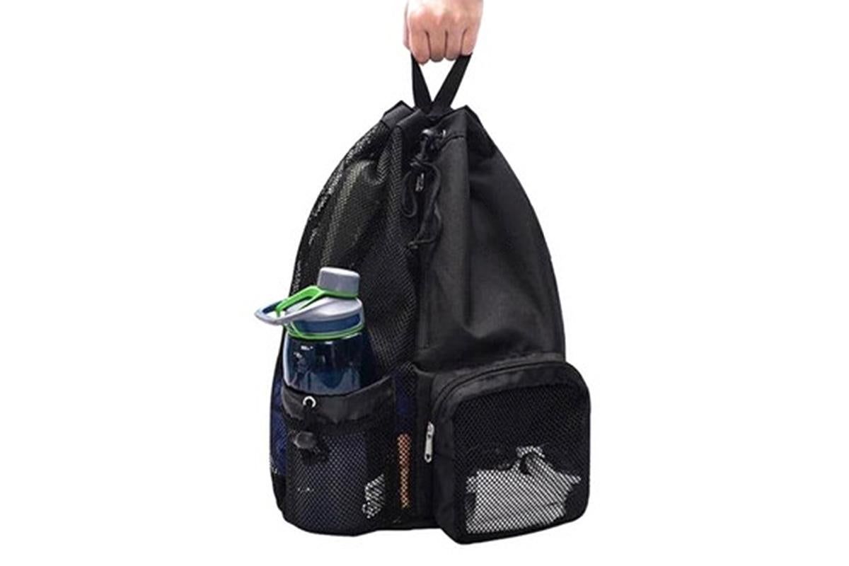 Mesh Beach Backpack with Wet Pocket Drawstring Waterproof Swimming Gym Bag for Men Women - Black - Image 2