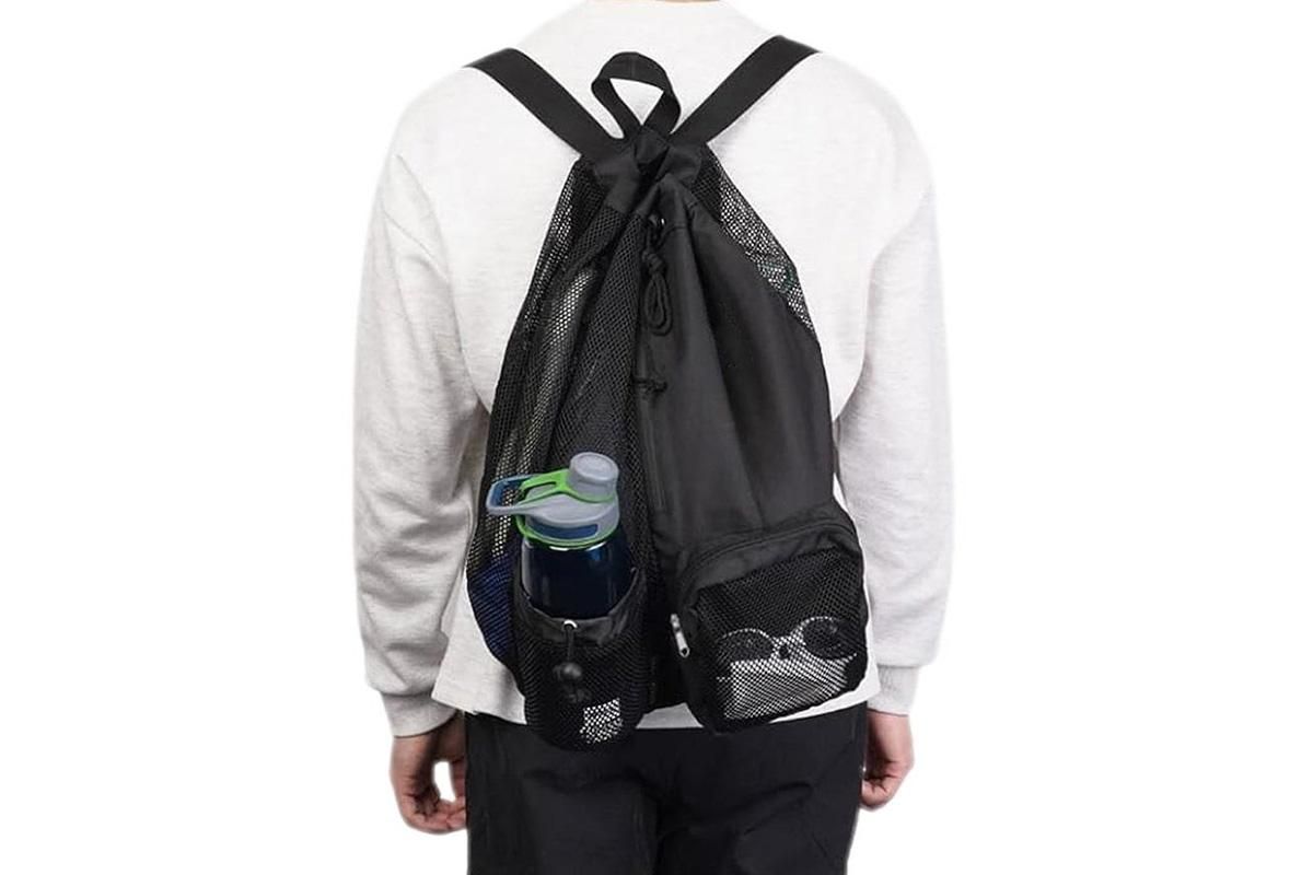 Mesh Beach Backpack with Wet Pocket Drawstring Waterproof Swimming Gym Bag for Men Women - Black - Image 5