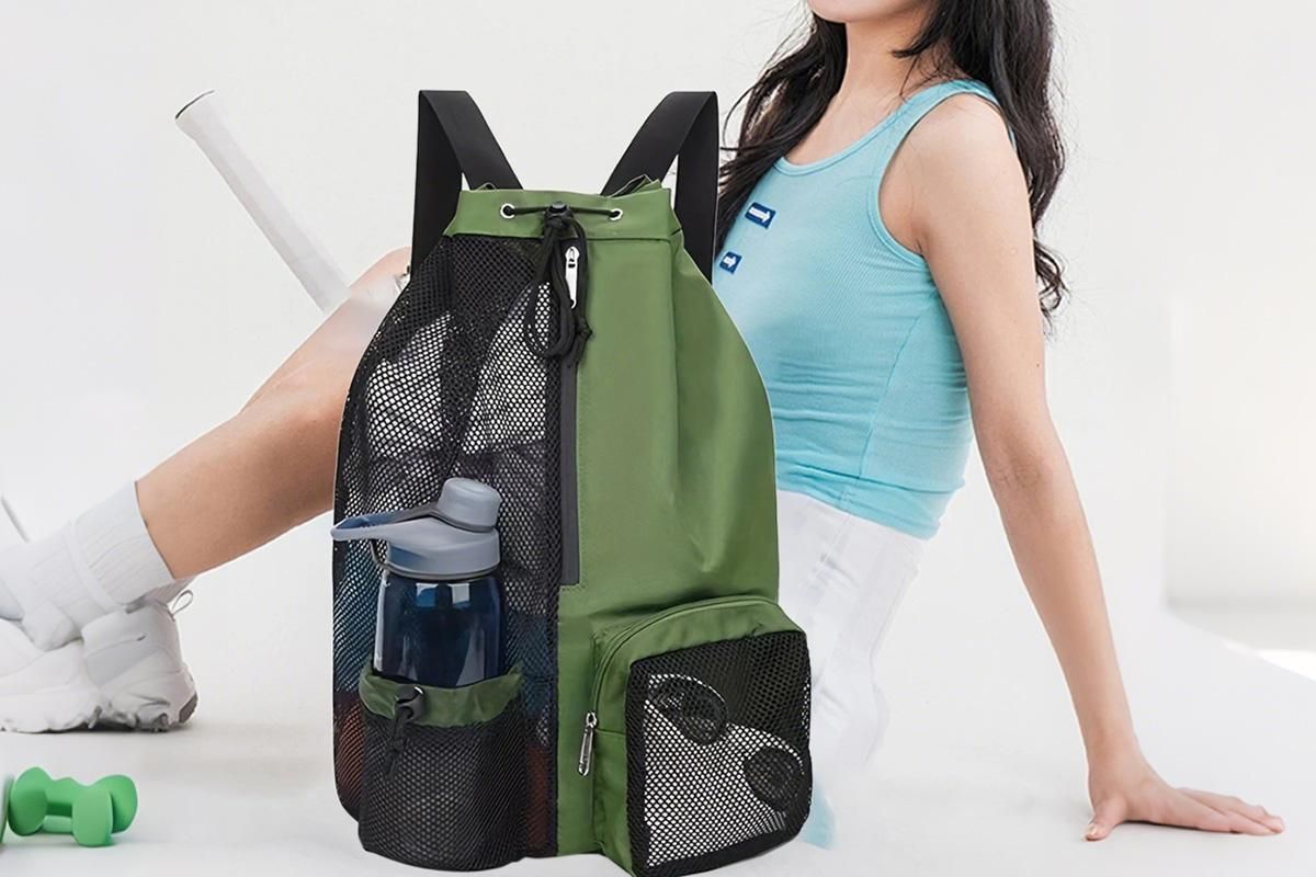 Mesh Beach Backpack with Wet Pocket Drawstring Waterproof Swimming Gym Bag for Men Women - Green - Image 3