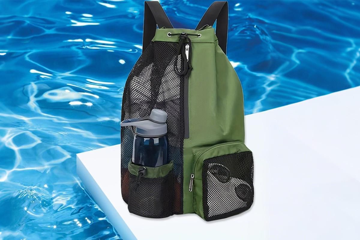 Mesh Beach Backpack with Wet Pocket Drawstring Waterproof Swimming Gym Bag for Men Women - Green - Image 4