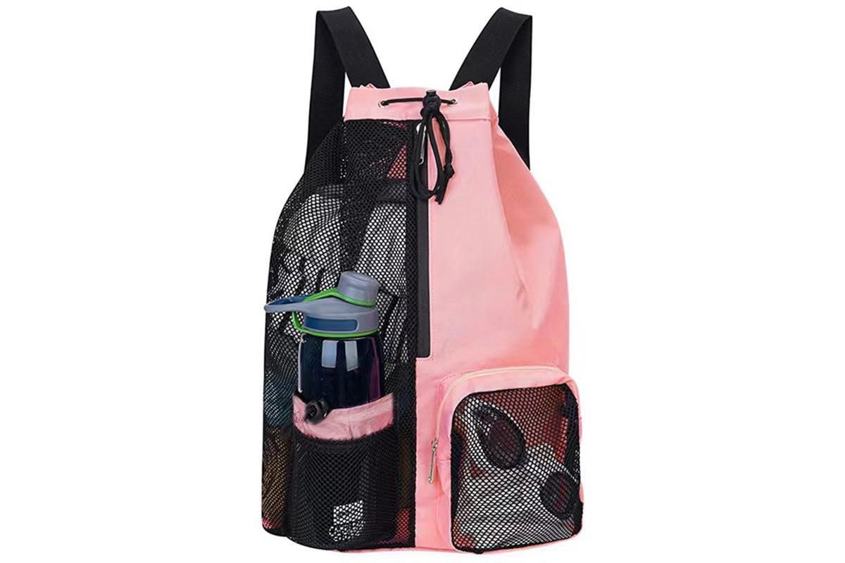 Mesh Beach Backpack with Wet Pocket Drawstring Waterproof Swimming Gym Bag for Men Women - Pink - Image 1