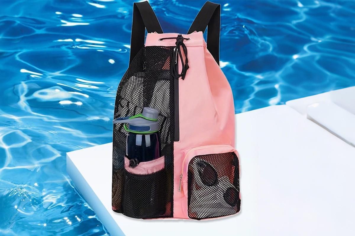 Mesh Beach Backpack with Wet Pocket Drawstring Waterproof Swimming Gym Bag for Men Women - Pink - Image 4