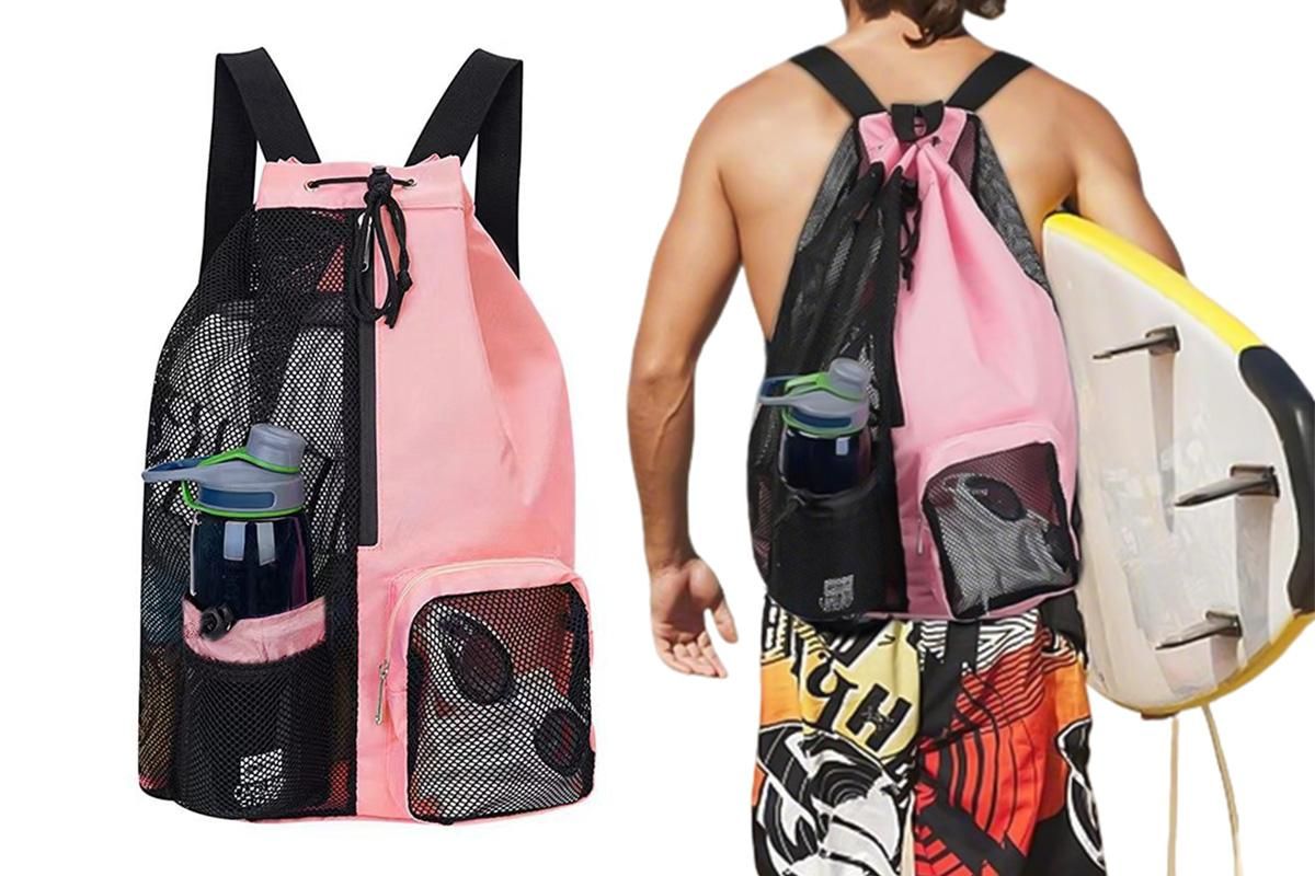 Mesh Beach Backpack with Wet Pocket Drawstring Waterproof Swimming Gym Bag for Men Women - Pink - Image 5