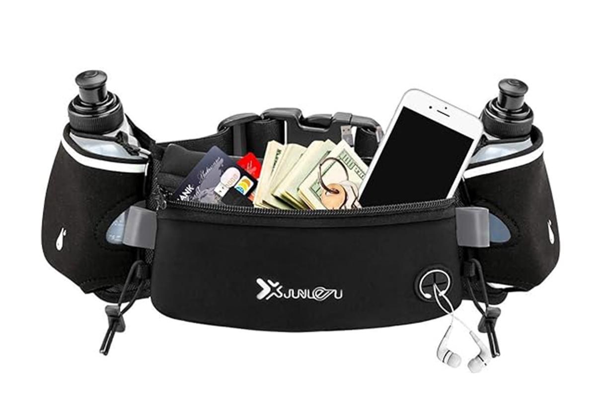 Hydration Running Belt with 2 Water Bottles and Phone Pouch for Marathon Hiking - Black - Image 2