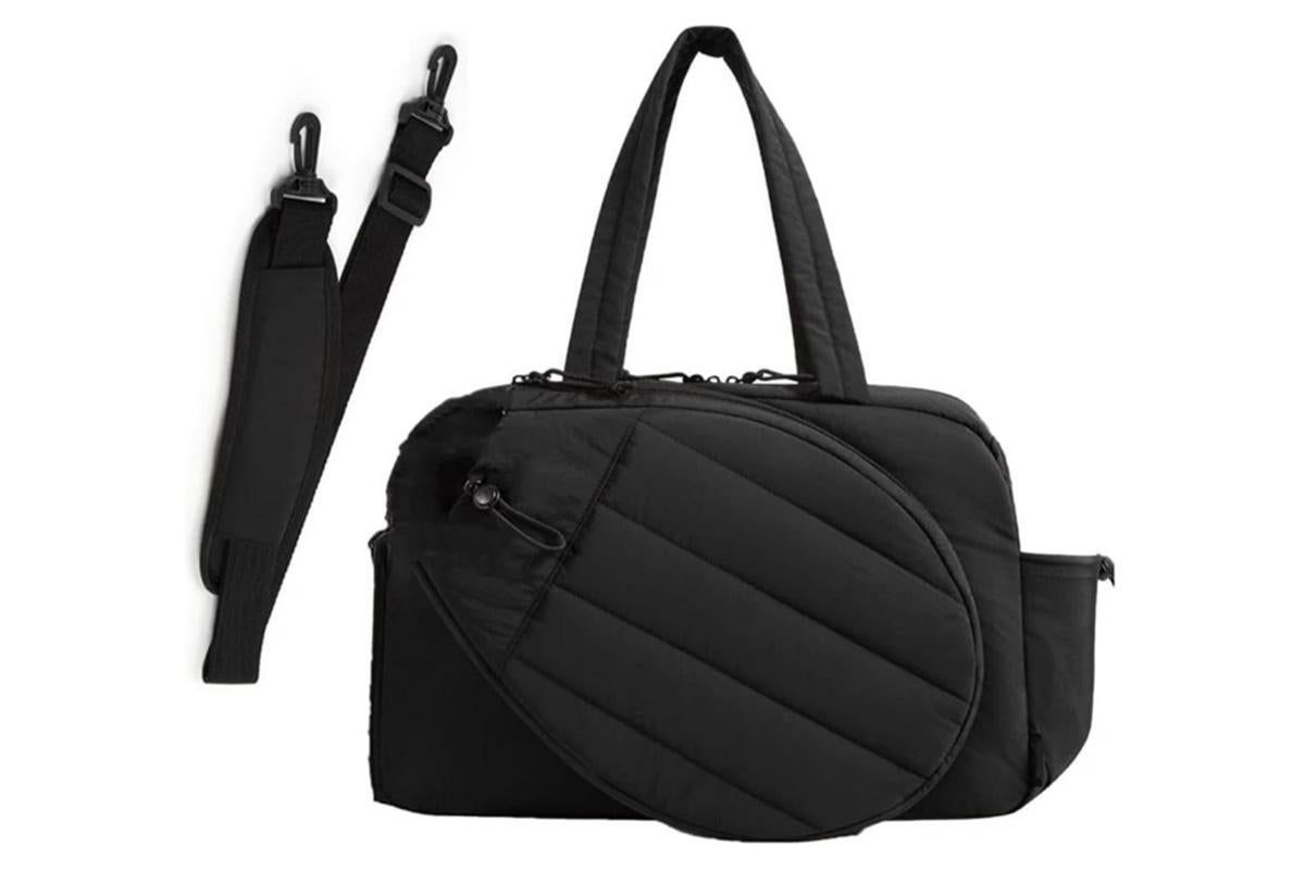 Womens Tennis Gym Bag Sports Tote Fits Two Rackets with Shoe Compartment - Black - Image 2
