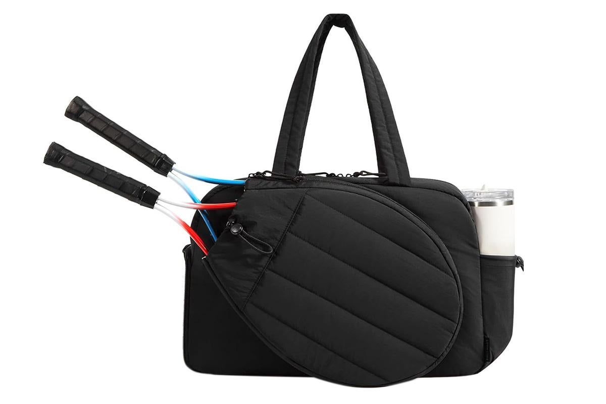 Womens Tennis Gym Bag Sports Tote Fits Two Rackets with Shoe Compartment - Black - Image 3