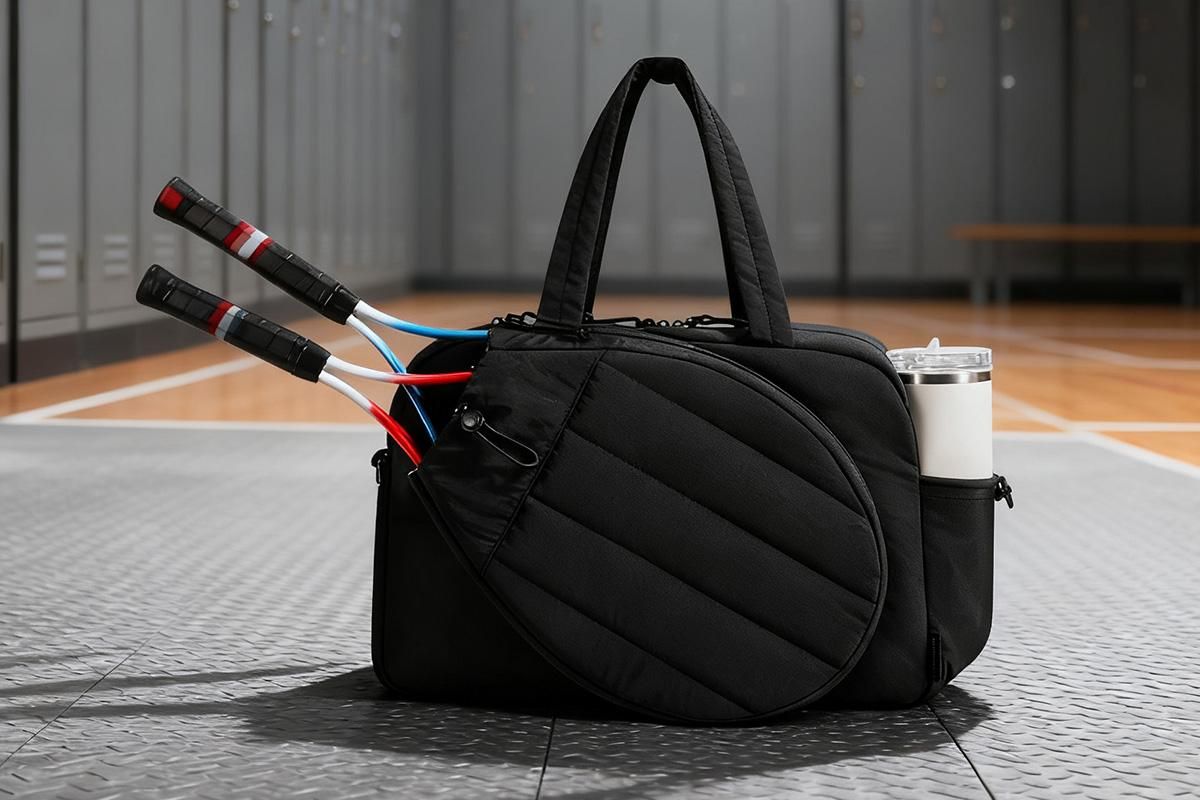 Womens Tennis Gym Bag Sports Tote Fits Two Rackets with Shoe Compartment - Black - Image 4