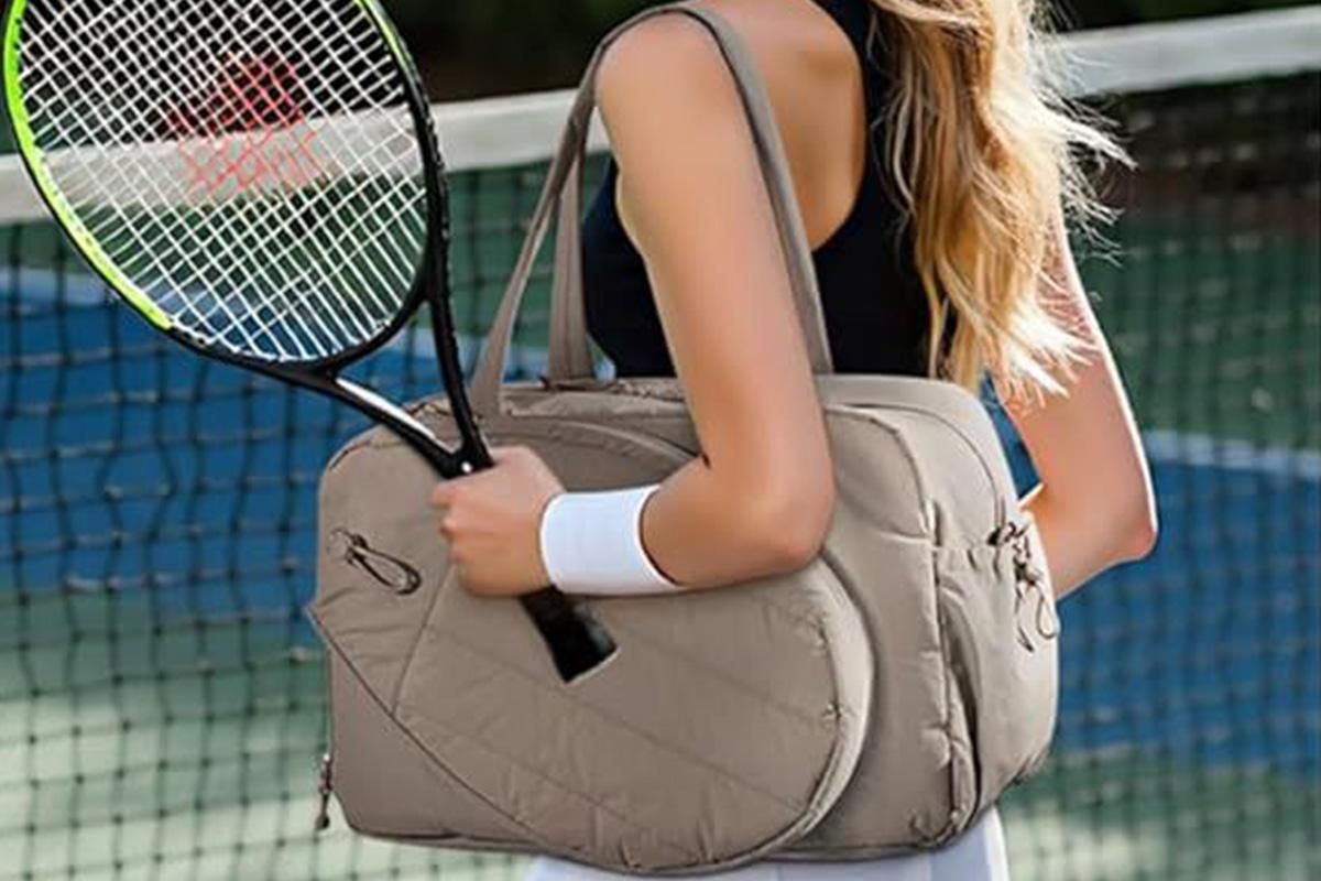Womens Tennis Gym Bag Sports Tote Fits Two Rackets with Shoe Compartment - Camel - Image 5