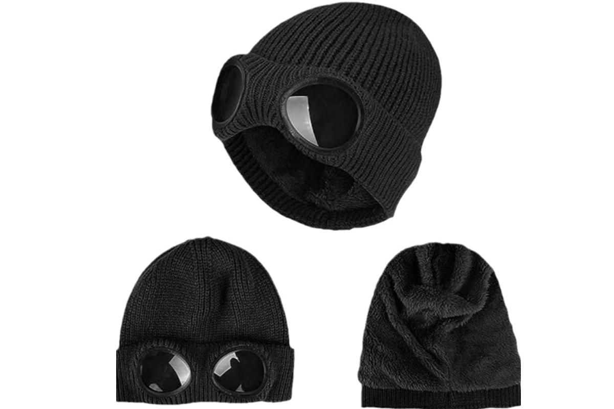 Winter Ski Hat with Goggles - Thermal Knit Beanie for Men & Women - Black - Image 2
