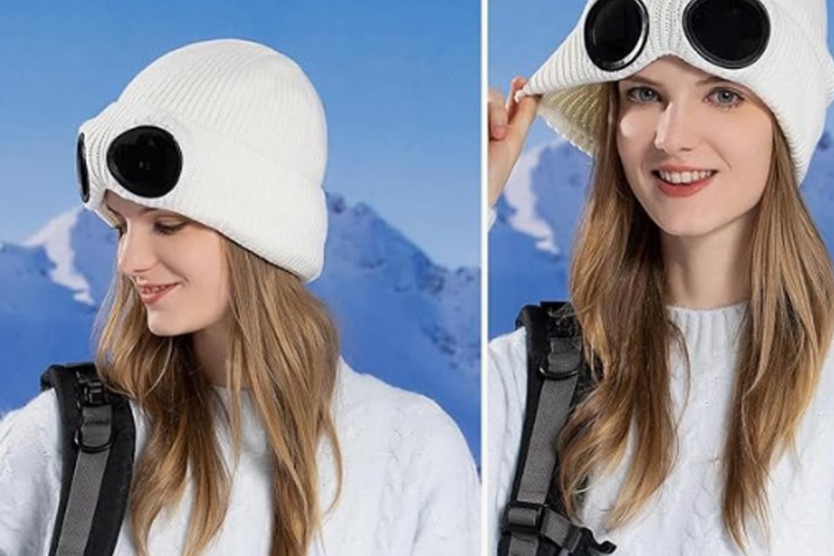 Winter Ski Hat with Goggles - Thermal Knit Beanie for Men & Women - White - Image 2