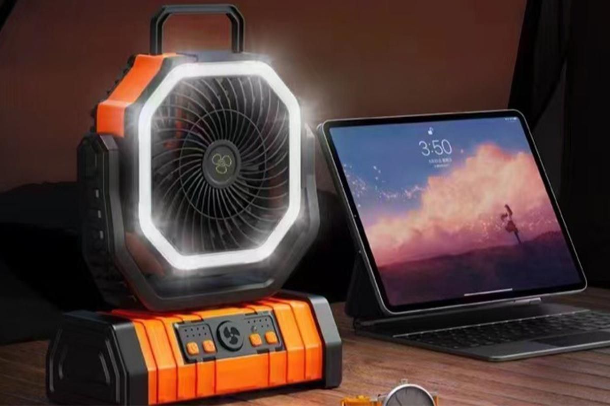 Portable Camping Fan with Light Large Capacity Outdoor Rechargeable Tent Fan - Orange - Image 2