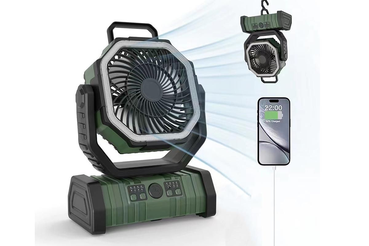 Portable Camping Fan with Light Large Capacity Outdoor Rechargeable Tent Fan - Army Green - Image 2