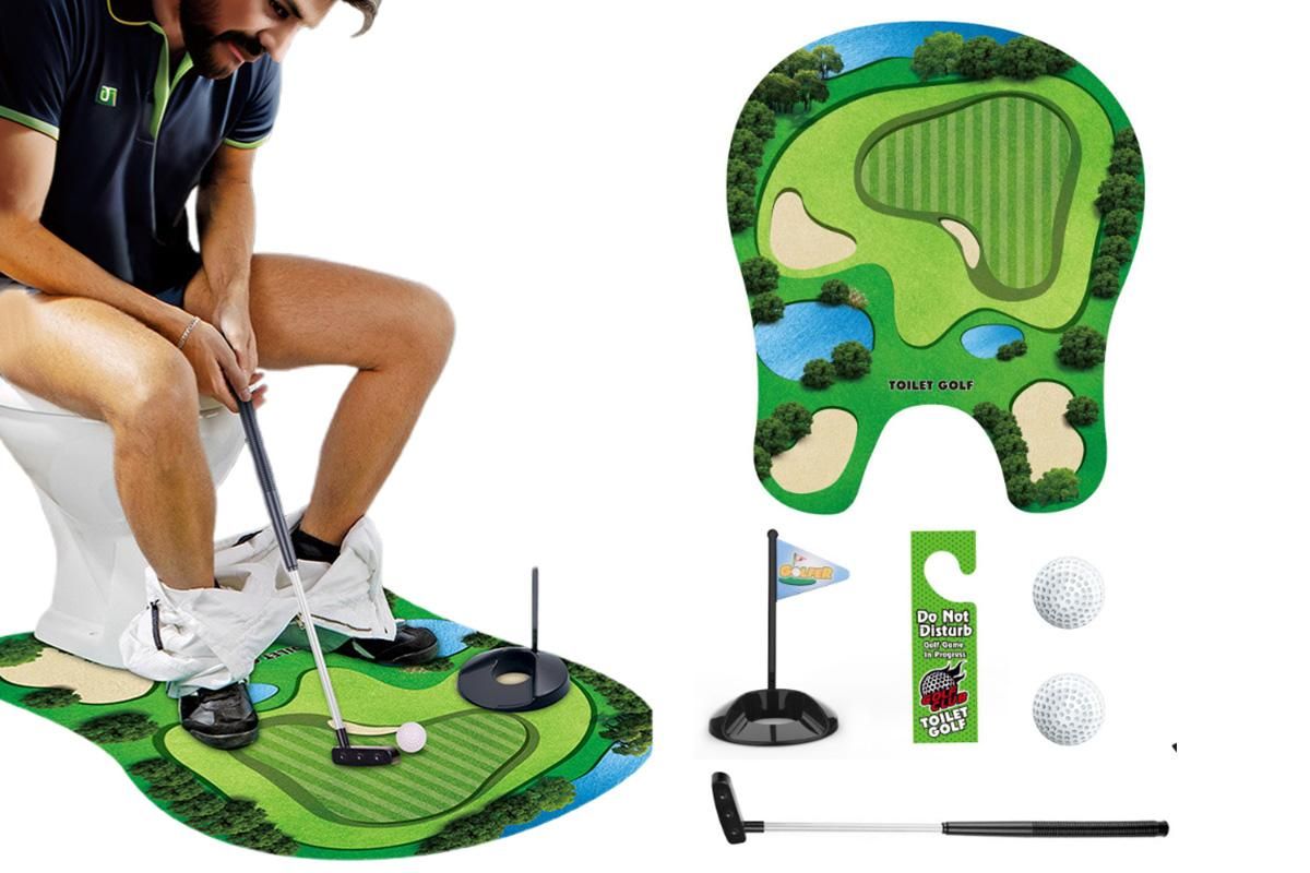 Toilet Golf Game Toilet Golf Toys Set with Practice Mat Golf Club 2 Balls Bathroom Practice Mini Golf in Restroom - Image 1