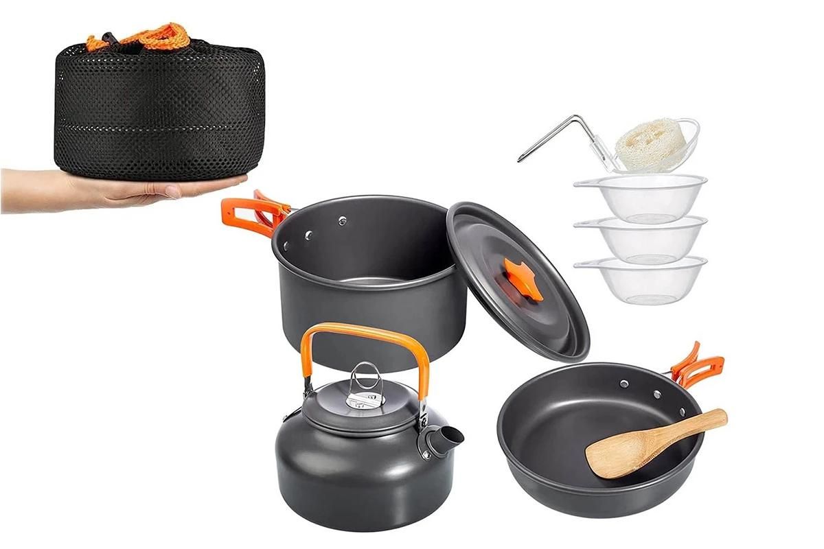 10Pcs Camping Cookware Mess Kit for Outdoor Camping Hiking Picnic -Orange - Image 1