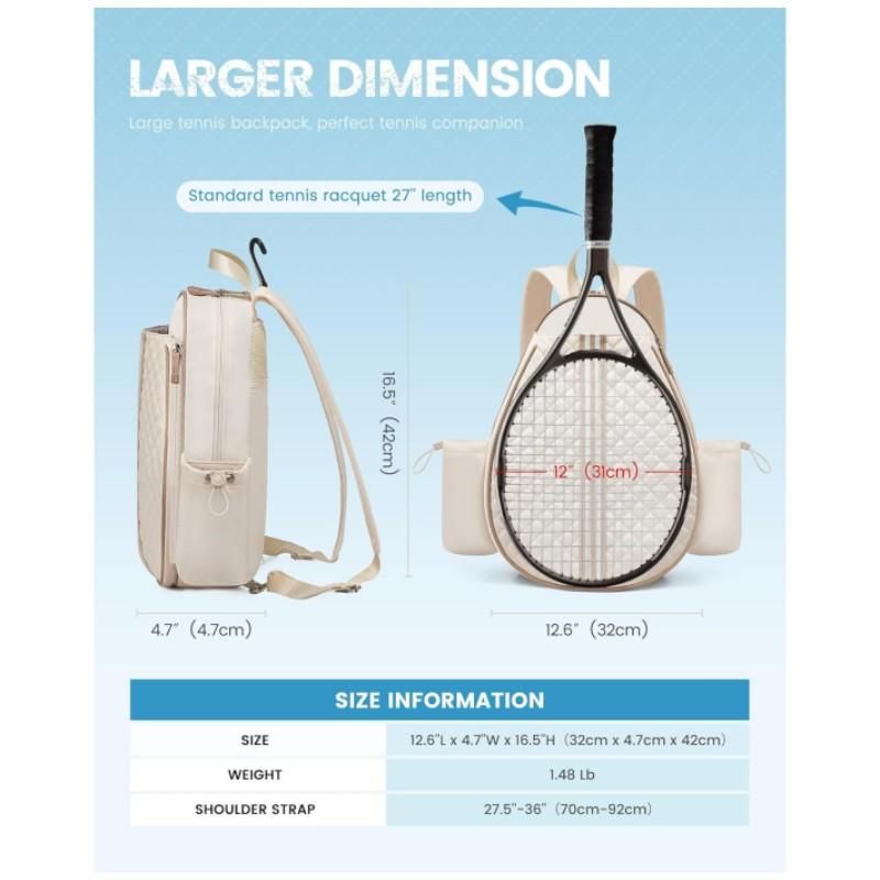 Crossbody Lightweight Multifunctional Waterproof Tennis Racket Bag for Men and Women Suitable for Pickleball Badminton and Tennis-Beige - Image 3