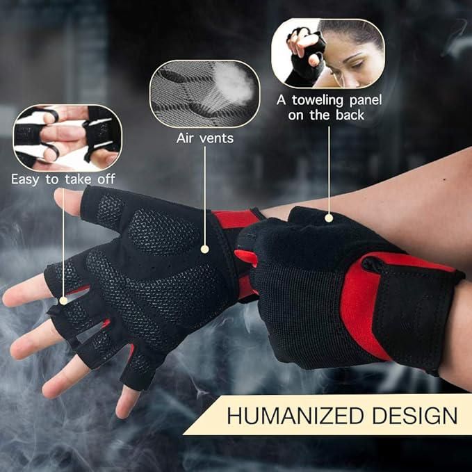 Fitness Gloves Half Finger Breathable Non Slip Weightlifting Training Workout Palm Support For Men And Women - Red XL - Image 6