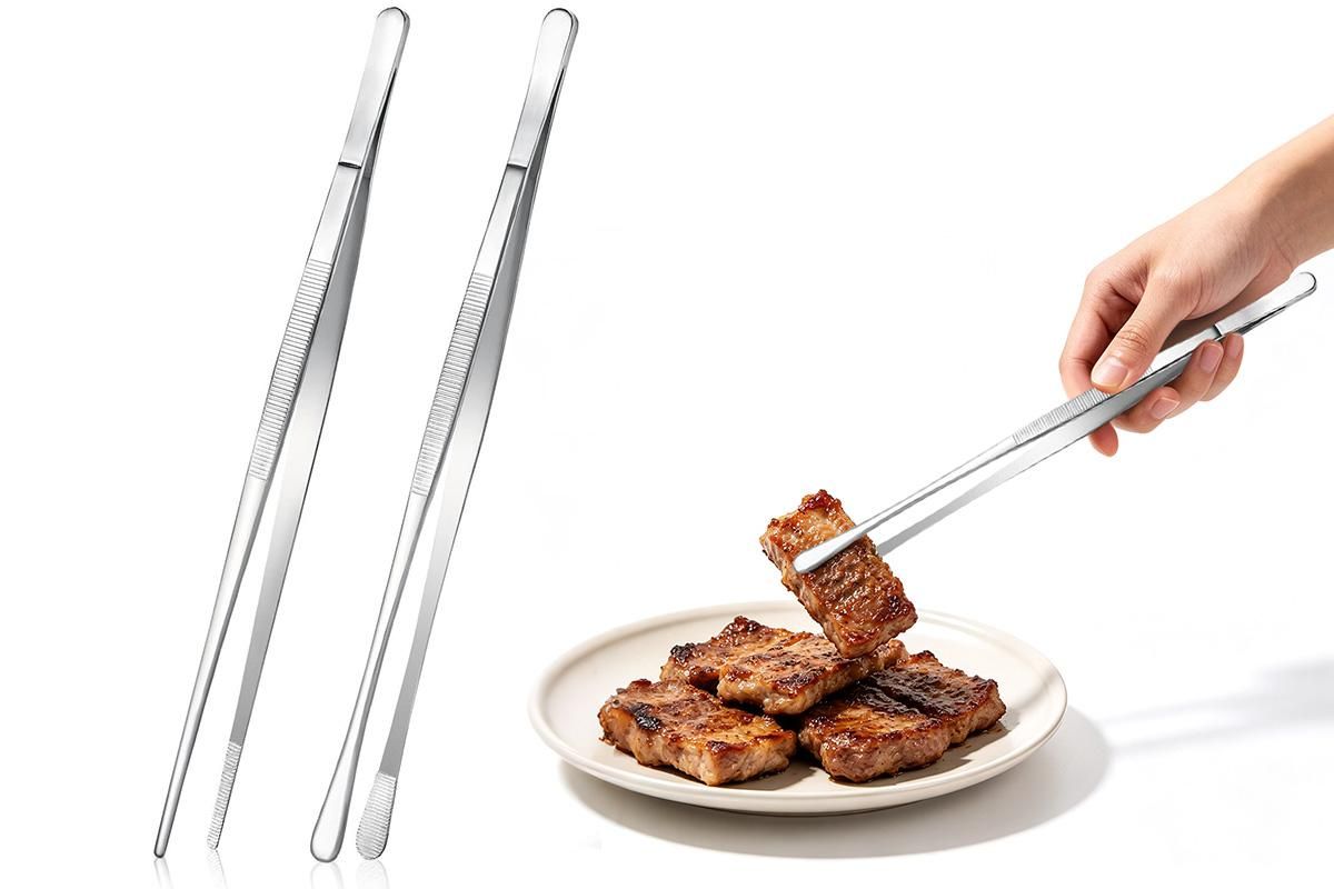 2 Pack 30cm BBQ Tongs Stainless Steel Round and Straight Head for Grilling Cooking - Silver - Image 1