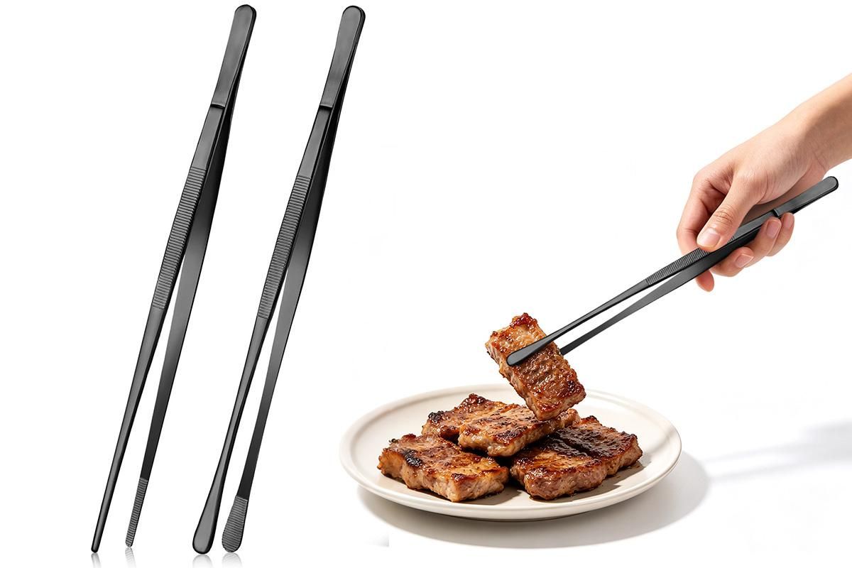 2 Pack 30cm BBQ Tongs Stainless Steel Round and Straight Head for Grilling Cooking - Black - Image 1