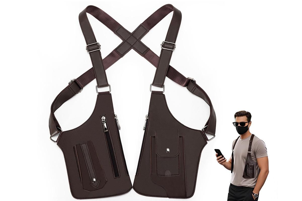 Outdoor Double Shoulder Armpit Bag with Multiple Pockets - Brown - Image 1