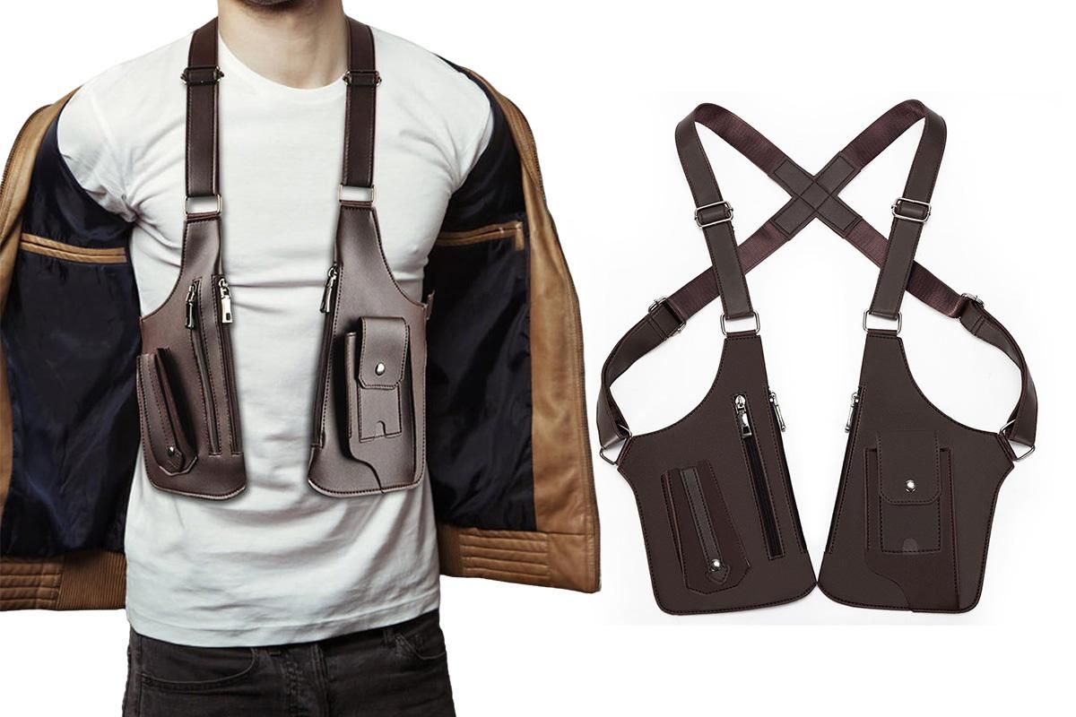 Outdoor Double Shoulder Armpit Bag with Multiple Pockets - Brown - Image 3