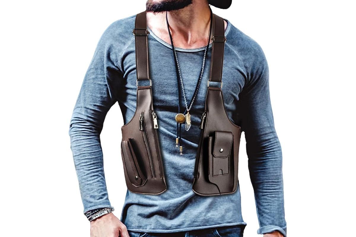 Outdoor Double Shoulder Armpit Bag with Multiple Pockets - Brown - Image 5