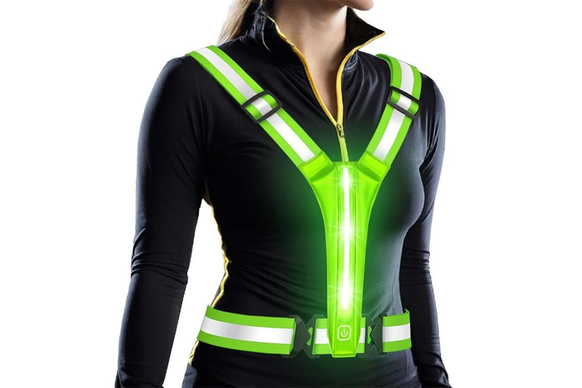 LED Reflective Vest Running Gear USB Rechargeable LED Light Up Vest High Visibility with Adjustable Waist and Shoulde for Night Walking Cycling, High Visibility Running Vest with Reflective Strips -Green - Image 2