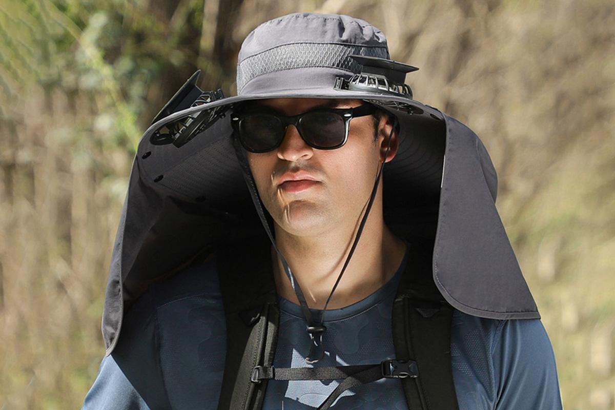 Outdoor Wide Brim Sun Hat With 2 Solar Fans Fishing And Beach Hat With Built In Fan -Dark Grey - Image 2
