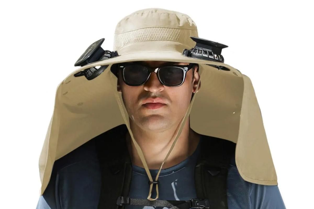 Outdoor Wide Brim Sun Hat With 2 Solar Fans Fishing And Beach Hat With Built In Fan -Khaki - Image 1