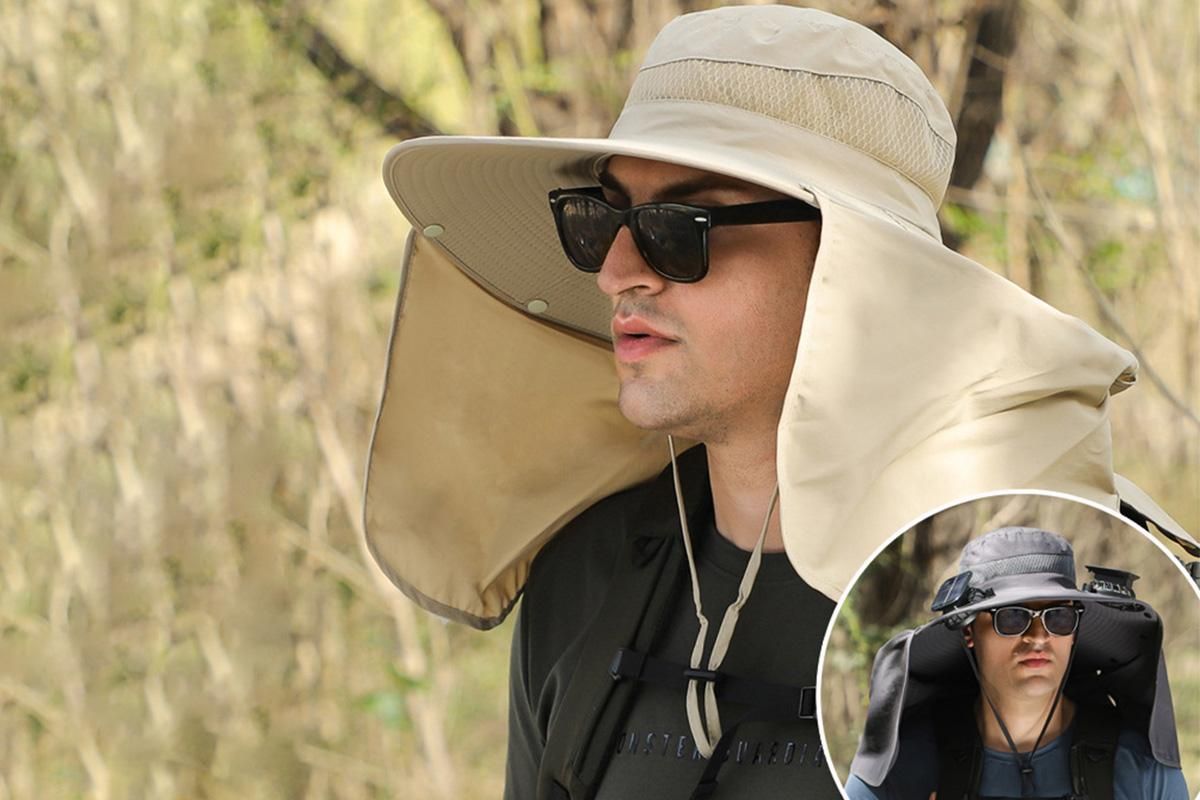 Outdoor Wide Brim Sun Hat With 2 Solar Fans Fishing And Beach Hat With Built In Fan -Khaki - Image 2
