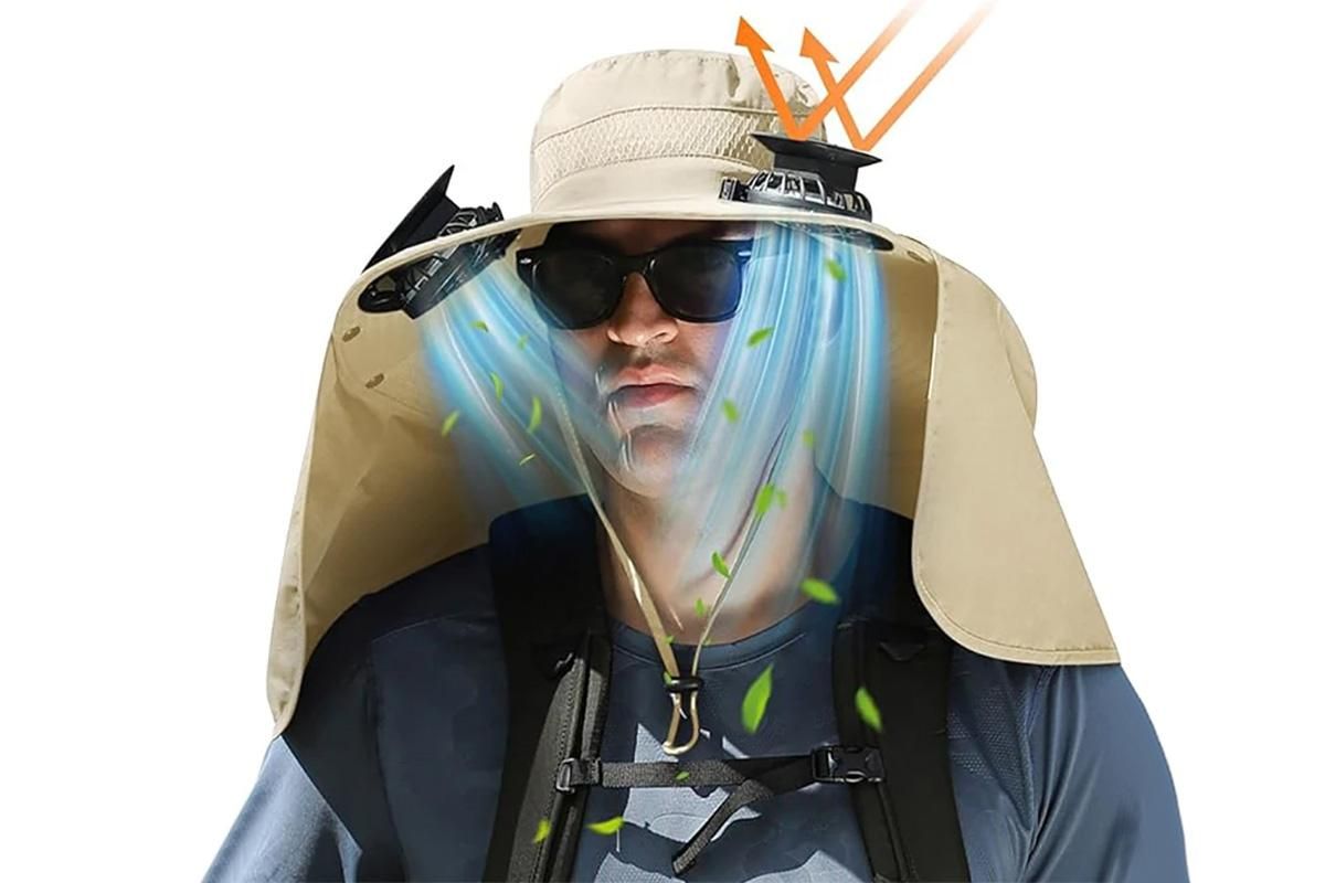 Outdoor Wide Brim Sun Hat With 2 Solar Fans Fishing And Beach Hat With Built In Fan -Khaki - Image 3