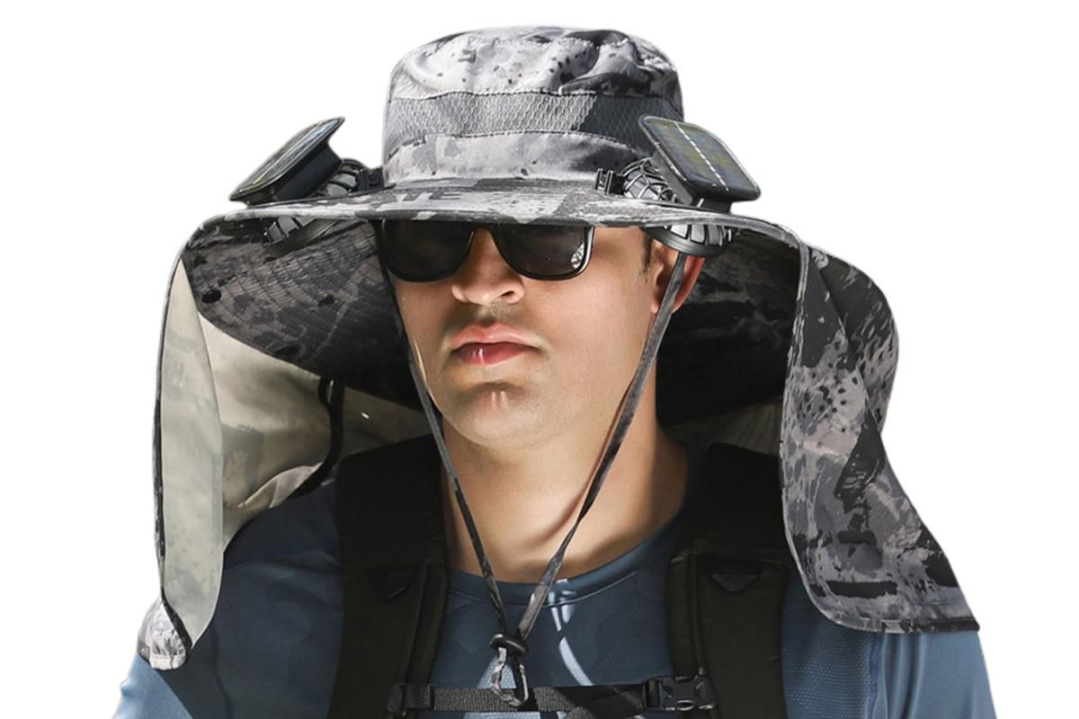 Outdoor Wide Brim Sun Hat With 2 Solar Fans Fishing And Beach Hat With Built In Fan -Patterned Grey - Image 1