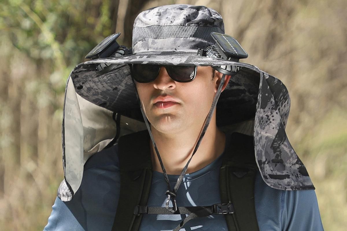 Outdoor Wide Brim Sun Hat With 2 Solar Fans Fishing And Beach Hat With Built In Fan -Patterned Grey - Image 2