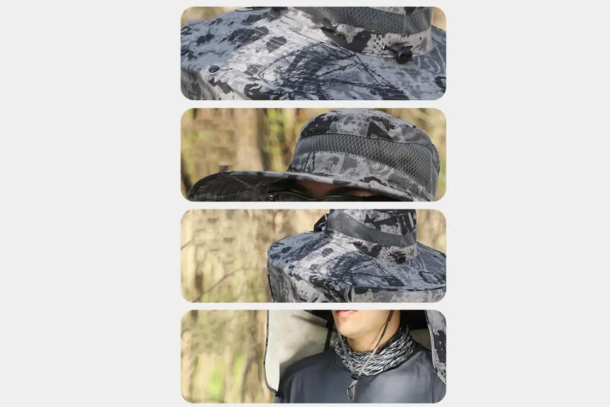 Outdoor Wide Brim Sun Hat With 2 Solar Fans Fishing And Beach Hat With Built In Fan -Patterned Grey - Image 4