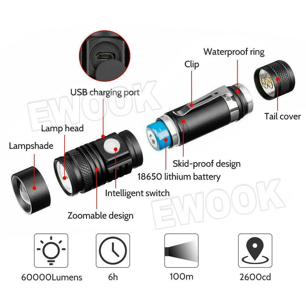 2X 60000lm LED Flashlight Torch For Bike Mount USB Rechargeable T6 XM-L AU - Image 2