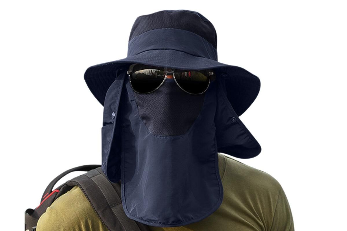 Outdoor Sun Protection Fishing Cap Wide Brim Hat With Neck Flap And Face Cover - Navy Blue - Image 2