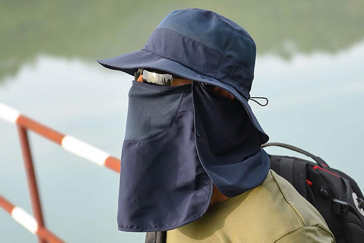 Outdoor Sun Protection Fishing Cap Wide Brim Hat With Neck Flap And Face Cover - Navy Blue - Image 4