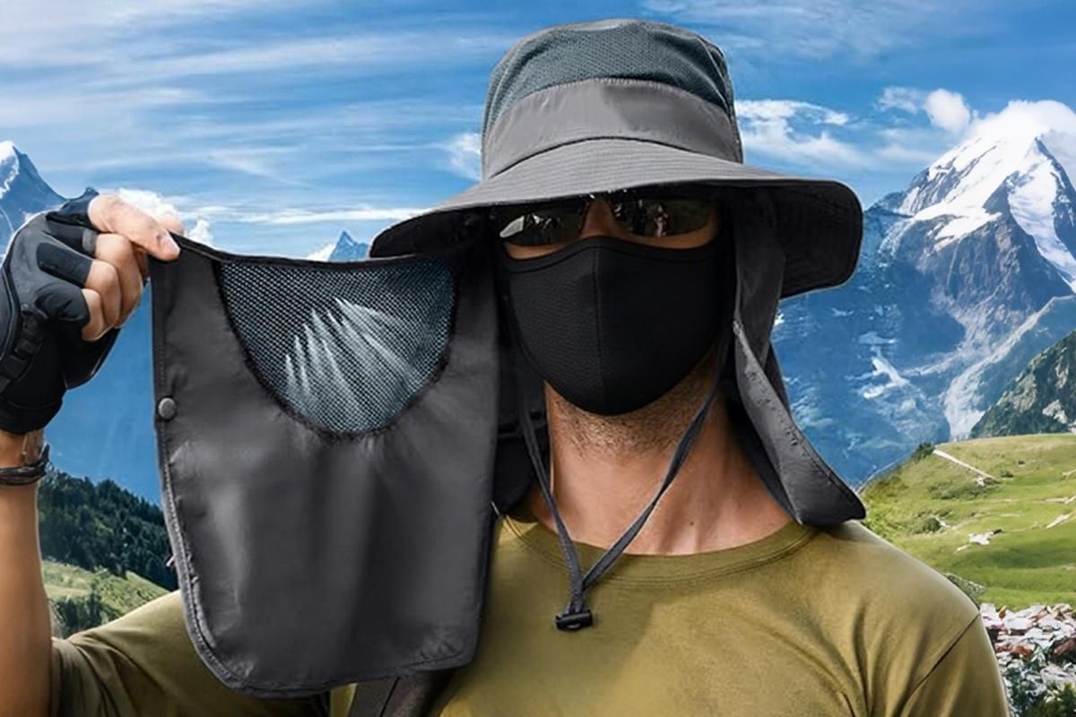 Outdoor Sun Protection Fishing Cap Wide Brim Hat With Neck Flap And Face Cover - Dark Grey - Image 4
