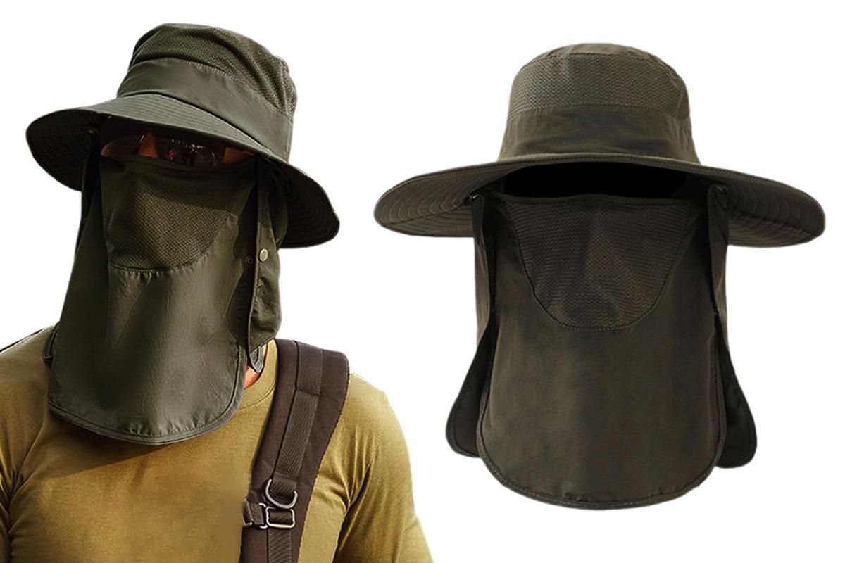 Outdoor Sun Protection Fishing Cap Wide Brim Hat With Neck Flap And Face Cover - Army Green - Image 1