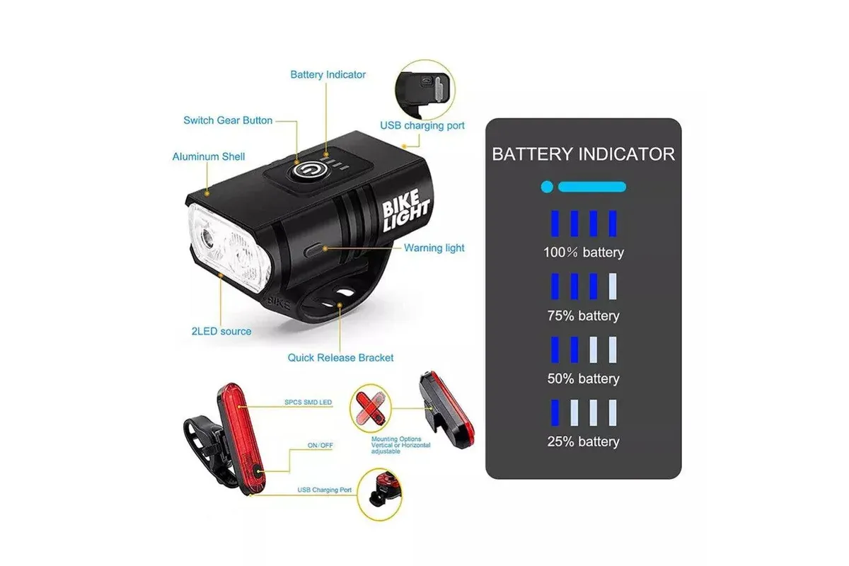Bike Light Set Rechargeable LED Bicycle Lights Waterproof Headlight Front Rear - Image 6