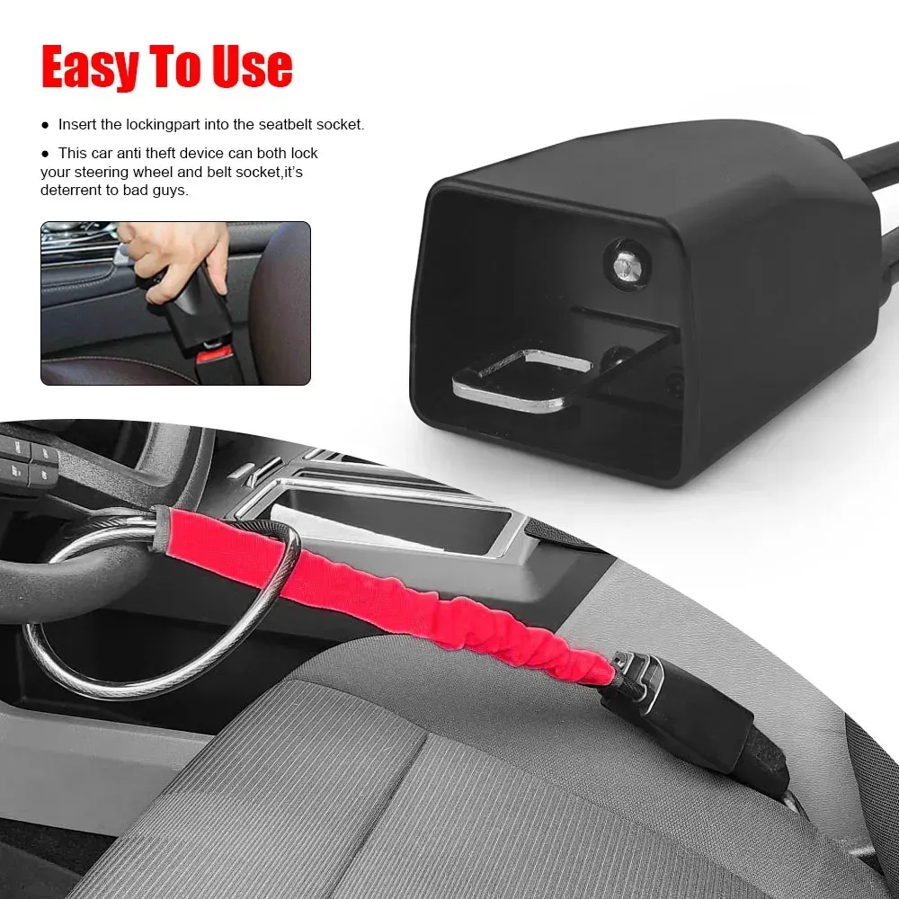 Car Steering Wheel Lock With Seat Belt Socket Steel Rope For Truck SUV Van RV With 3 Keys Universal Anti Theft Device - Yellow - Image 2